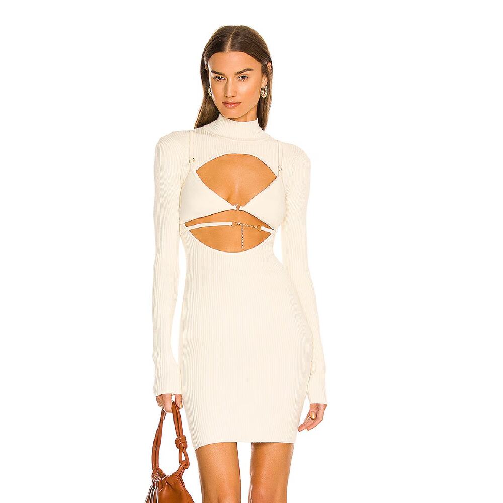 Michael Costello Dani Layered Bra Mini Dress Cream Knit Cutout Long Sleeve Sz XS